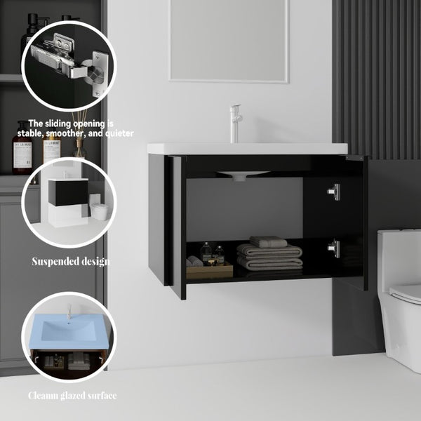 English Elm 30 Inch Wall Mounted Floating Vanity with Ceramic Sink Soft Close Plywood Cabinet Black B2775S00042