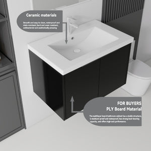 English Elm 30 Inch Wall Mounted Floating Vanity with Ceramic Sink Soft Close Plywood Cabinet Black B2775S00042