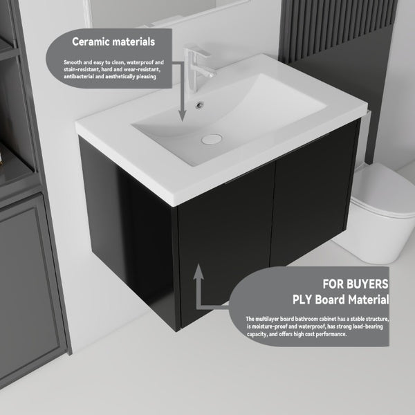 English Elm 30 Inch Wall Mounted Floating Vanity with Ceramic Sink Soft Close Plywood Cabinet Black B2775S00042