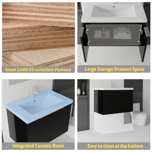 English Elm 30 Inch Wall Mounted Floating Vanity with Ceramic Sink Soft Close Plywood Cabinet Black B2775S00042