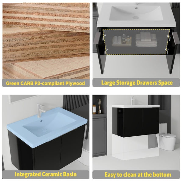 English Elm 30 Inch Wall Mounted Floating Vanity with Ceramic Sink Soft Close Plywood Cabinet Black B2775S00042