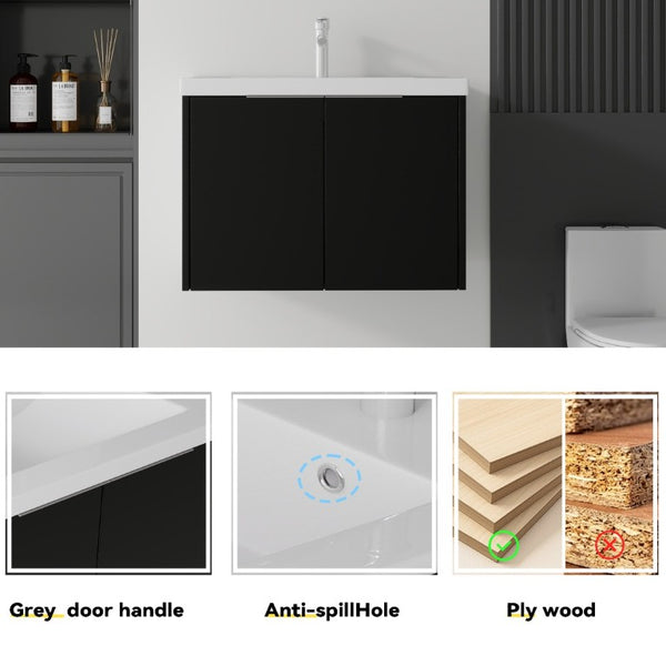 English Elm 30 Inch Wall Mounted Floating Vanity with Ceramic Sink Soft Close Plywood Cabinet Black B2775S00042