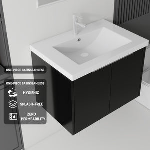 English Elm 30 Inch Wall Mounted Floating Vanity with Ceramic Sink Soft Close Plywood Cabinet Black B2775S00042