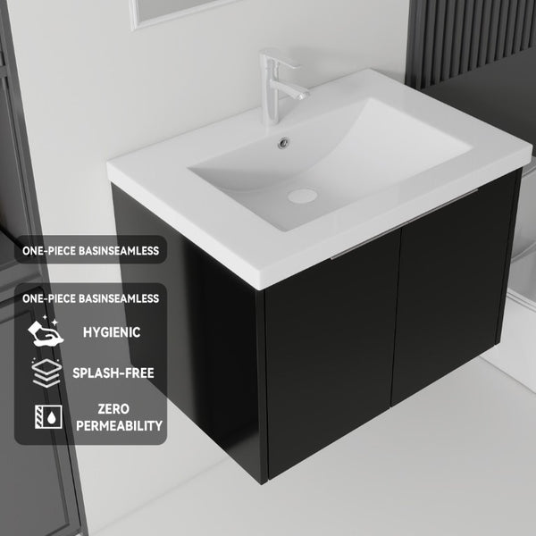 English Elm 30 Inch Wall Mounted Floating Vanity with Ceramic Sink Soft Close Plywood Cabinet Black B2775S00042
