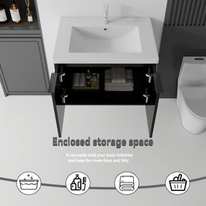 English Elm 30 Inch Wall Mounted Floating Vanity with Ceramic Sink Soft Close Plywood Cabinet Black B2775S00042