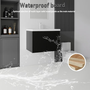 English Elm 30 Inch Wall Mounted Floating Vanity with Ceramic Sink Soft Close Plywood Cabinet Black B2775S00042