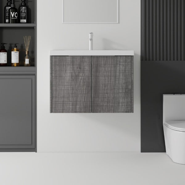 English Elm 30 Inch Wall Mounted Floating Vanity with Ceramic Sink Soft Close Plywood Cabinet Grey - A B2775S00043