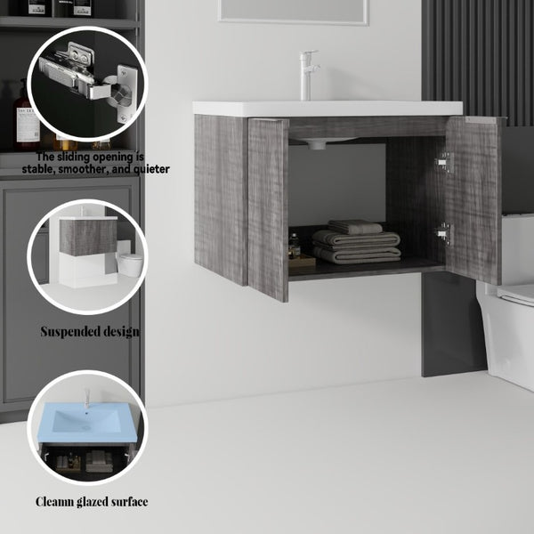 English Elm 30 Inch Wall Mounted Floating Vanity with Ceramic Sink Soft Close Plywood Cabinet Grey - A B2775S00043