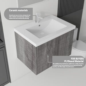English Elm 30 Inch Wall Mounted Floating Vanity with Ceramic Sink Soft Close Plywood Cabinet Grey - A B2775S00043