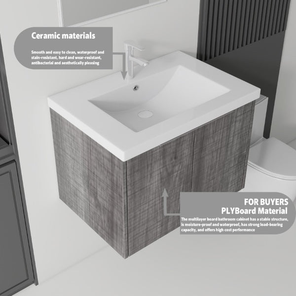 English Elm 30 Inch Wall Mounted Floating Vanity with Ceramic Sink Soft Close Plywood Cabinet Grey - A B2775S00043