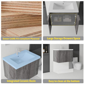 English Elm 30 Inch Wall Mounted Floating Vanity with Ceramic Sink Soft Close Plywood Cabinet Grey - A B2775S00043