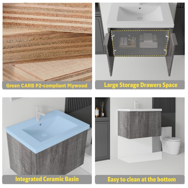 English Elm 30 Inch Wall Mounted Floating Vanity with Ceramic Sink Soft Close Plywood Cabinet Grey - A B2775S00043