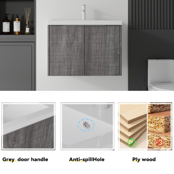 English Elm 30 Inch Wall Mounted Floating Vanity with Ceramic Sink Soft Close Plywood Cabinet Grey - A B2775S00043