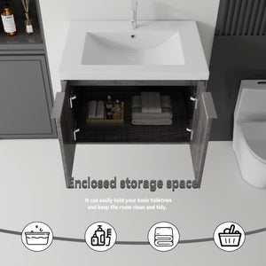 English Elm 30 Inch Wall Mounted Floating Vanity with Ceramic Sink Soft Close Plywood Cabinet Grey - A B2775S00043
