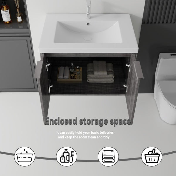 English Elm 30 Inch Wall Mounted Floating Vanity with Ceramic Sink Soft Close Plywood Cabinet Grey - A B2775S00043