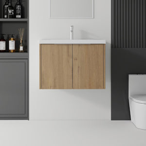 English Elm 30 Inch Wall Mounted Floating Vanity with Ceramic Sink Soft Close Plywood Cabinet Oak - A B2775S00044