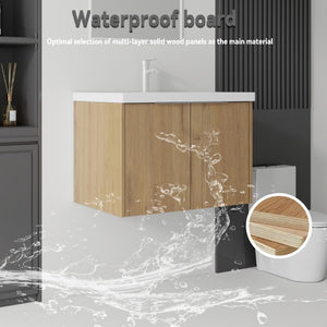 English Elm 30 Inch Wall Mounted Floating Vanity with Ceramic Sink Soft Close Plywood Cabinet Oak - A B2775S00044