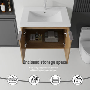 English Elm 30 Inch Wall Mounted Floating Vanity with Ceramic Sink Soft Close Plywood Cabinet Oak - A B2775S00044