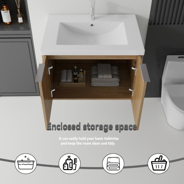 English Elm 30 Inch Wall Mounted Floating Vanity with Ceramic Sink Soft Close Plywood Cabinet Oak - A B2775S00044