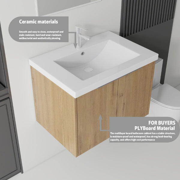 English Elm 30 Inch Wall Mounted Floating Vanity with Ceramic Sink Soft Close Plywood Cabinet Oak - A B2775S00044