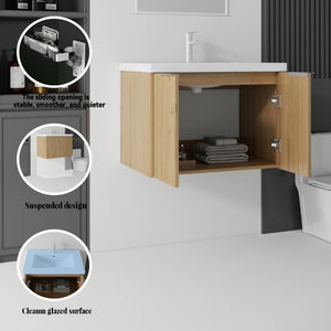 English Elm 30 Inch Wall Mounted Floating Vanity with Ceramic Sink Soft Close Plywood Cabinet Oak - A B2775S00044