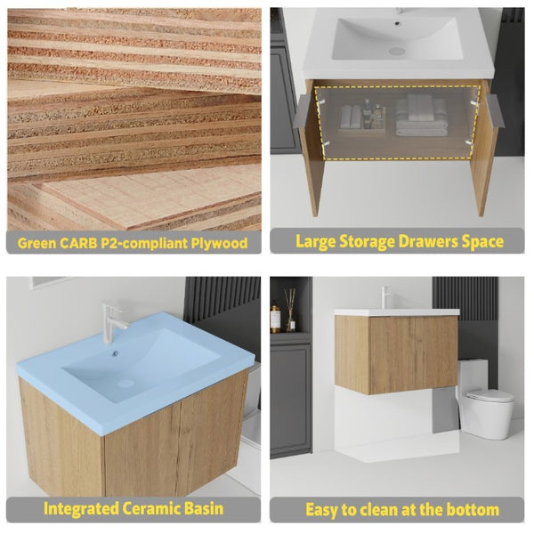 English Elm 30 Inch Wall Mounted Floating Vanity with Ceramic Sink Soft Close Plywood Cabinet Oak - A B2775S00044