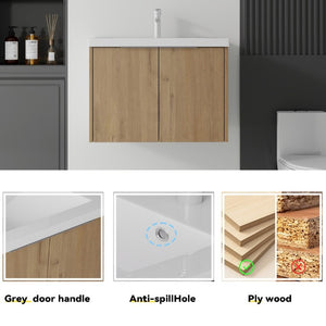English Elm 30 Inch Wall Mounted Floating Vanity with Ceramic Sink Soft Close Plywood Cabinet Oak - A B2775S00044
