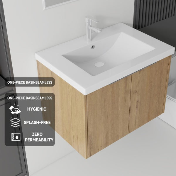 English Elm 30 Inch Wall Mounted Floating Vanity with Ceramic Sink Soft Close Plywood Cabinet Oak - A B2775S00044