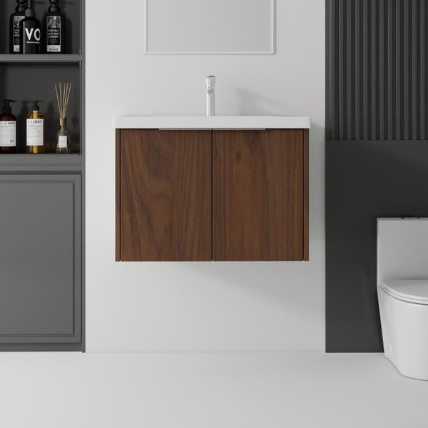 English Elm 30 Inch Wall Mounted Floating Vanity with Ceramic Sink Soft Close Plywood Cabinet Brown B2775S00045