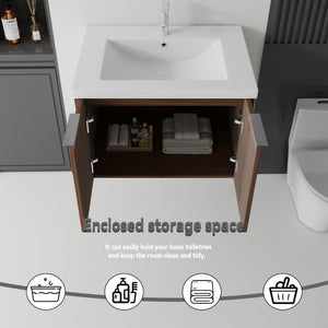 English Elm 30 Inch Wall Mounted Floating Vanity with Ceramic Sink Soft Close Plywood Cabinet Brown B2775S00045