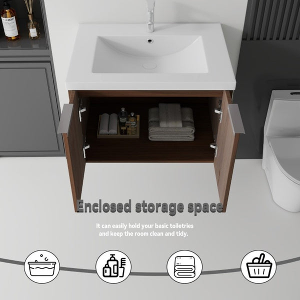 English Elm 30 Inch Wall Mounted Floating Vanity with Ceramic Sink Soft Close Plywood Cabinet Brown B2775S00045