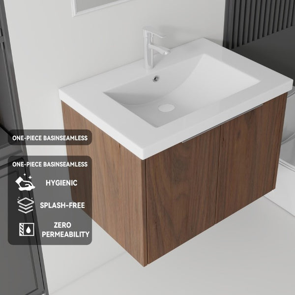 English Elm 30 Inch Wall Mounted Floating Vanity with Ceramic Sink Soft Close Plywood Cabinet Brown B2775S00045