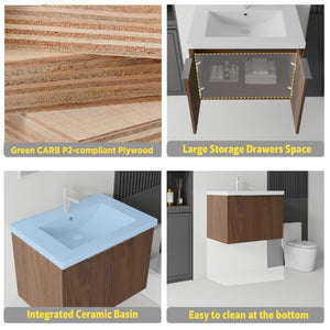 English Elm 30 Inch Wall Mounted Floating Vanity with Ceramic Sink Soft Close Plywood Cabinet Brown B2775S00045