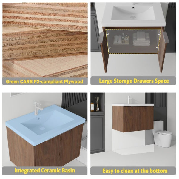 English Elm 30 Inch Wall Mounted Floating Vanity with Ceramic Sink Soft Close Plywood Cabinet Brown B2775S00045