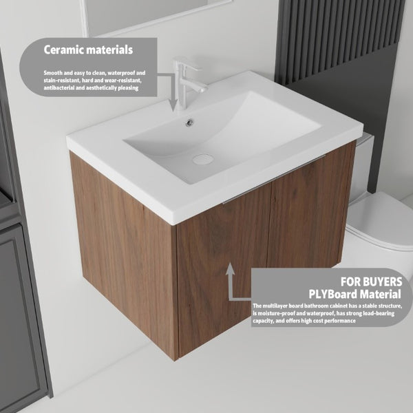 English Elm 30 Inch Wall Mounted Floating Vanity with Ceramic Sink Soft Close Plywood Cabinet Brown B2775S00045
