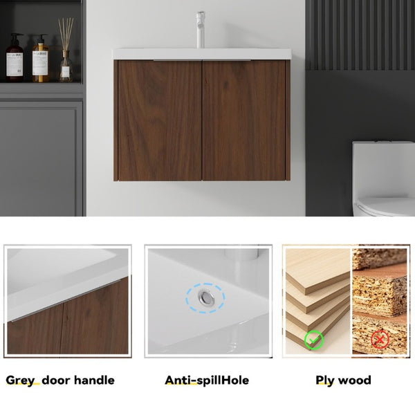 English Elm 30 Inch Wall Mounted Floating Vanity with Ceramic Sink Soft Close Plywood Cabinet Brown B2775S00045