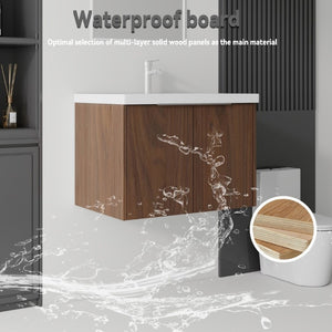 English Elm 30 Inch Wall Mounted Floating Vanity with Ceramic Sink Soft Close Plywood Cabinet Brown B2775S00045