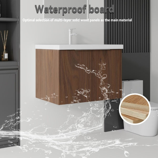English Elm 30 Inch Wall Mounted Floating Vanity with Ceramic Sink Soft Close Plywood Cabinet Brown B2775S00045