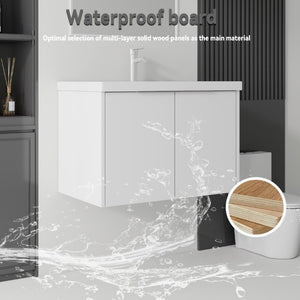 English Elm 36 Inch Wall Mounted Floating Vanity with Ceramic Sink Plywood Cabinet Soft Close White B2775S00046