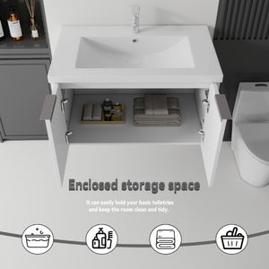 English Elm 36 Inch Wall Mounted Floating Vanity with Ceramic Sink Plywood Cabinet Soft Close White B2775S00046