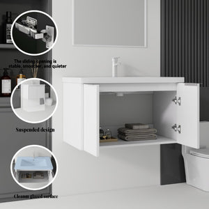 English Elm 36 Inch Wall Mounted Floating Vanity with Ceramic Sink Plywood Cabinet Soft Close White B2775S00046