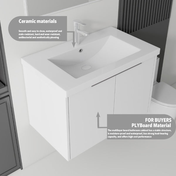 English Elm 36 Inch Wall Mounted Floating Vanity with Ceramic Sink Plywood Cabinet Soft Close White B2775S00046