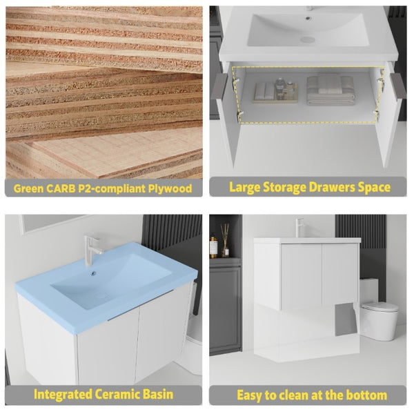 English Elm 36 Inch Wall Mounted Floating Vanity with Ceramic Sink Plywood Cabinet Soft Close White B2775S00046