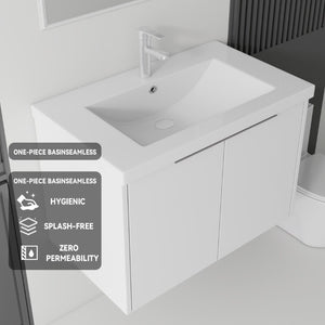 English Elm 36 Inch Wall Mounted Floating Vanity with Ceramic Sink Plywood Cabinet Soft Close White B2775S00046