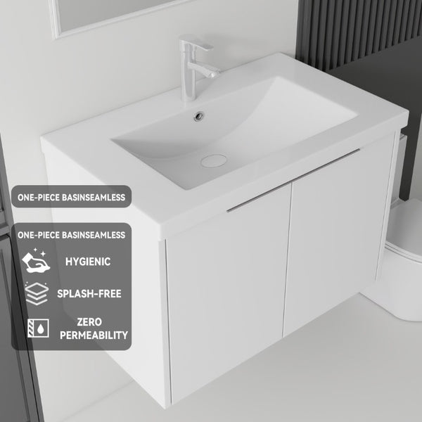 English Elm 36 Inch Wall Mounted Floating Vanity with Ceramic Sink Plywood Cabinet Soft Close White B2775S00046