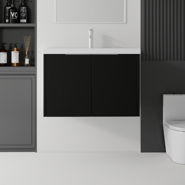 English Elm 36 Inch Wall Mounted Floating Vanity with Ceramic Sink Plywood Cabinet Soft Close Black B2775S00047