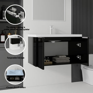 English Elm 36 Inch Wall Mounted Floating Vanity with Ceramic Sink Plywood Cabinet Soft Close Black B2775S00047