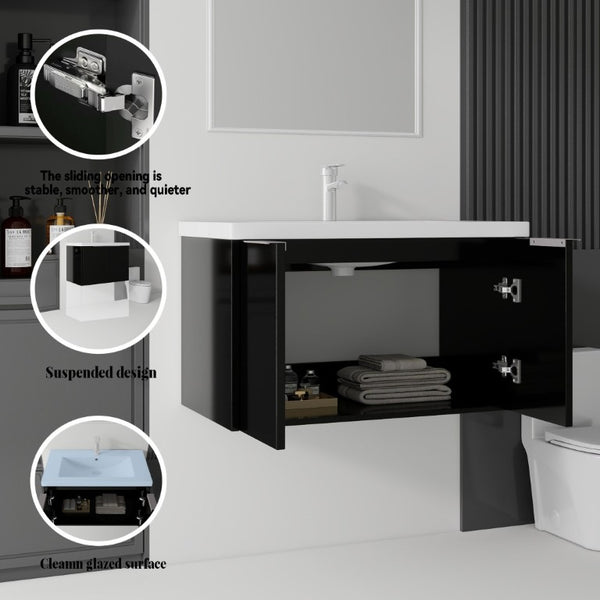 English Elm 36 Inch Wall Mounted Floating Vanity with Ceramic Sink Plywood Cabinet Soft Close Black B2775S00047