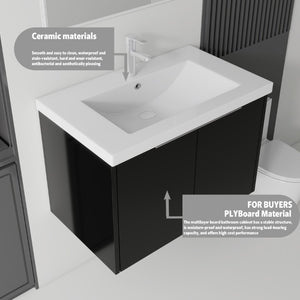 English Elm 36 Inch Wall Mounted Floating Vanity with Ceramic Sink Plywood Cabinet Soft Close Black B2775S00047