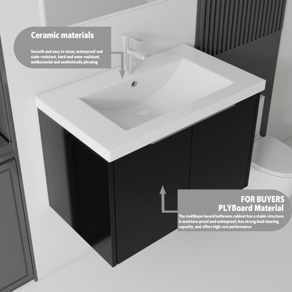 English Elm 36 Inch Wall Mounted Floating Vanity with Ceramic Sink Plywood Cabinet Soft Close Black B2775S00047